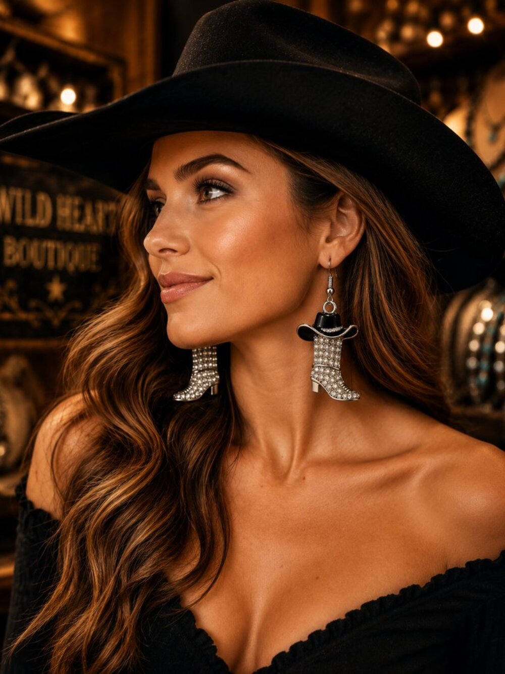 Cowgirl Western Boot Crystal Rhinestone Earrings with Black Cowboy Hat